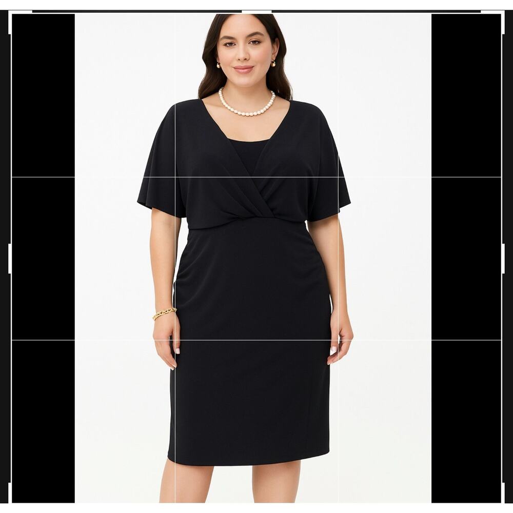 Evan Picone Dress Womens 16 Black Midi Surplice Ruched Slimming LBD Basic Staple